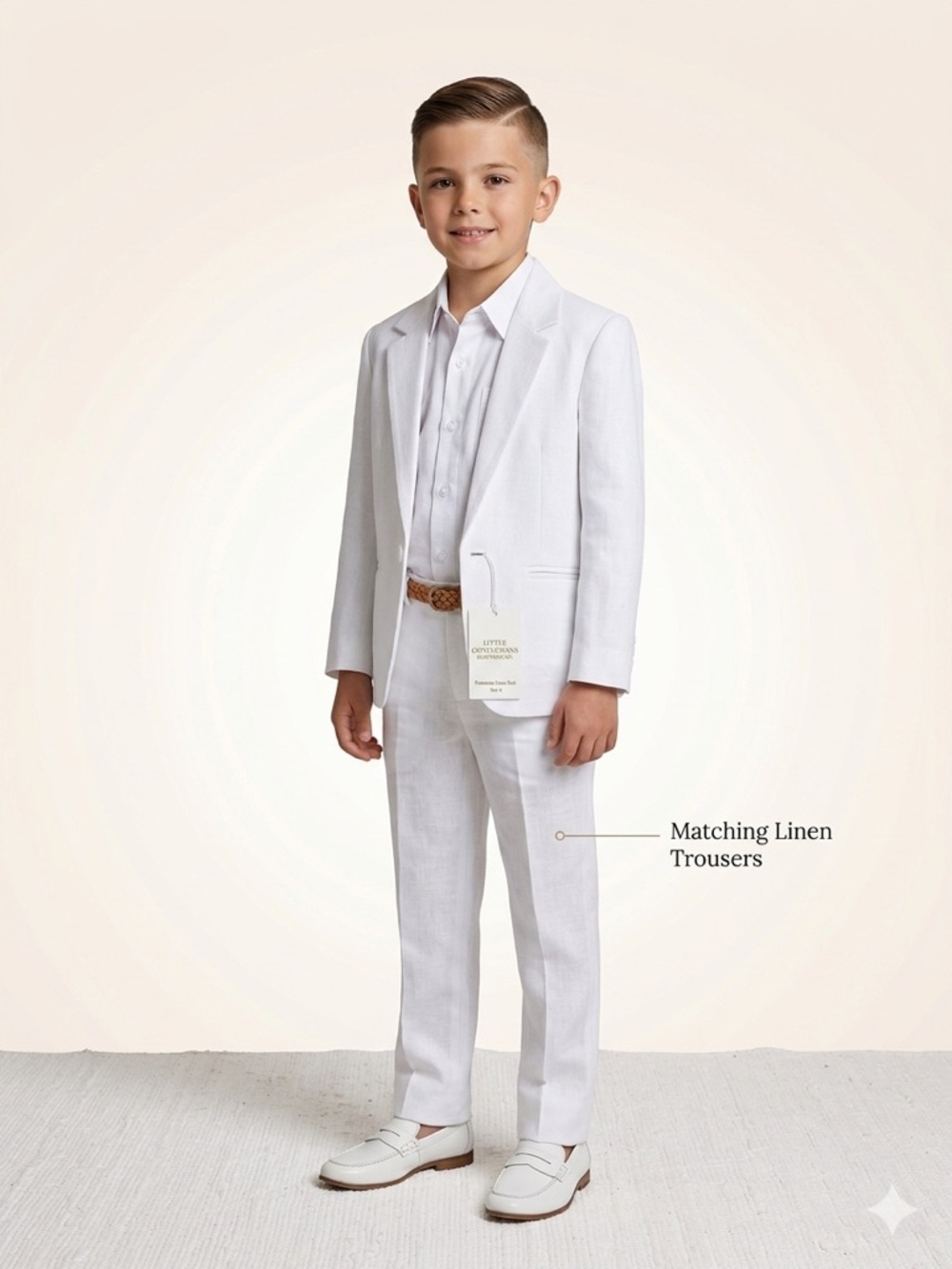 Boys White Linen Suit Jacket & Trousers shirt with vest 4 pcs